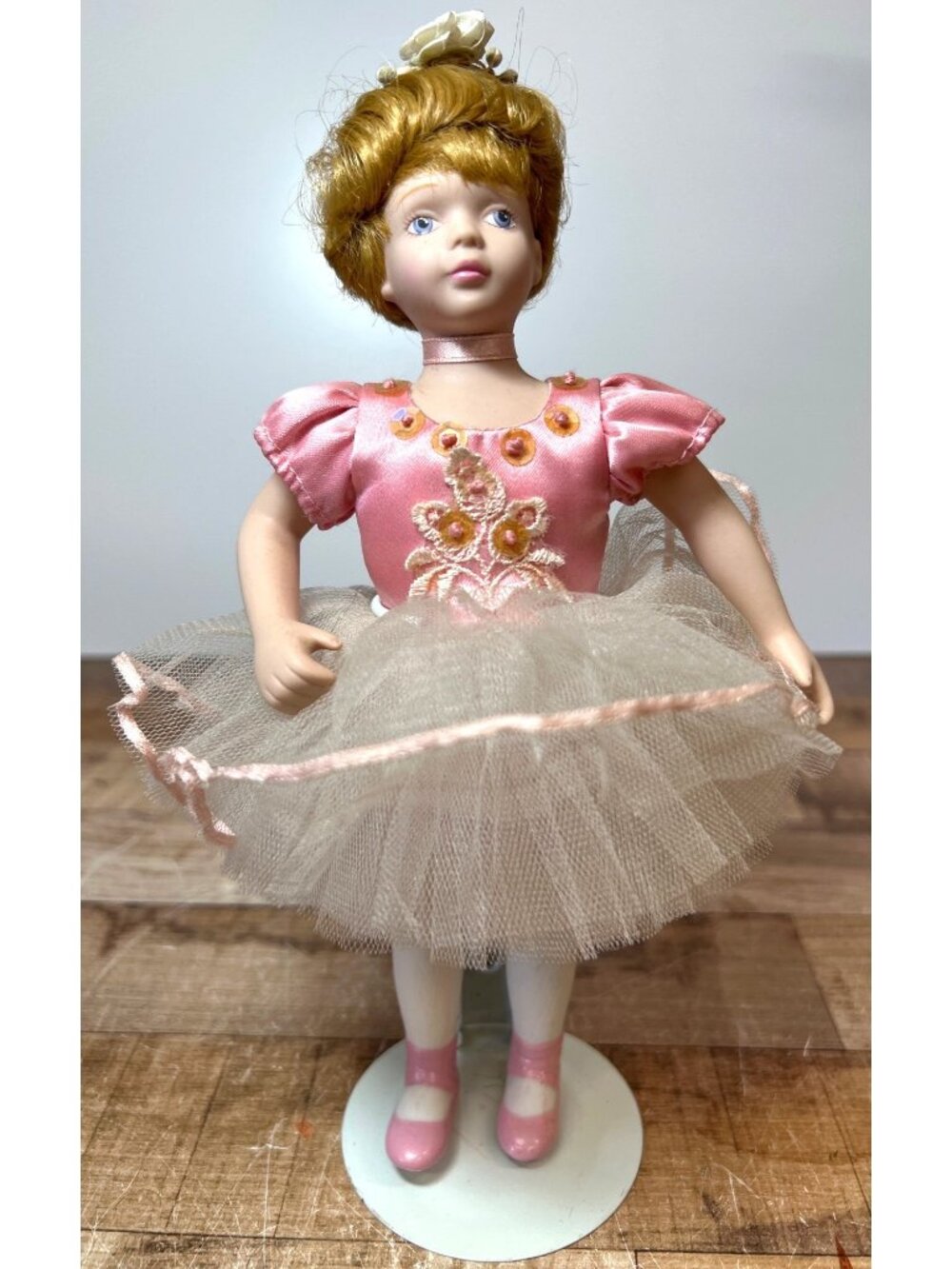 Vintage Porcelain Ballerina Doll In Pink Satin Dress With Tulle Skirt On Stand